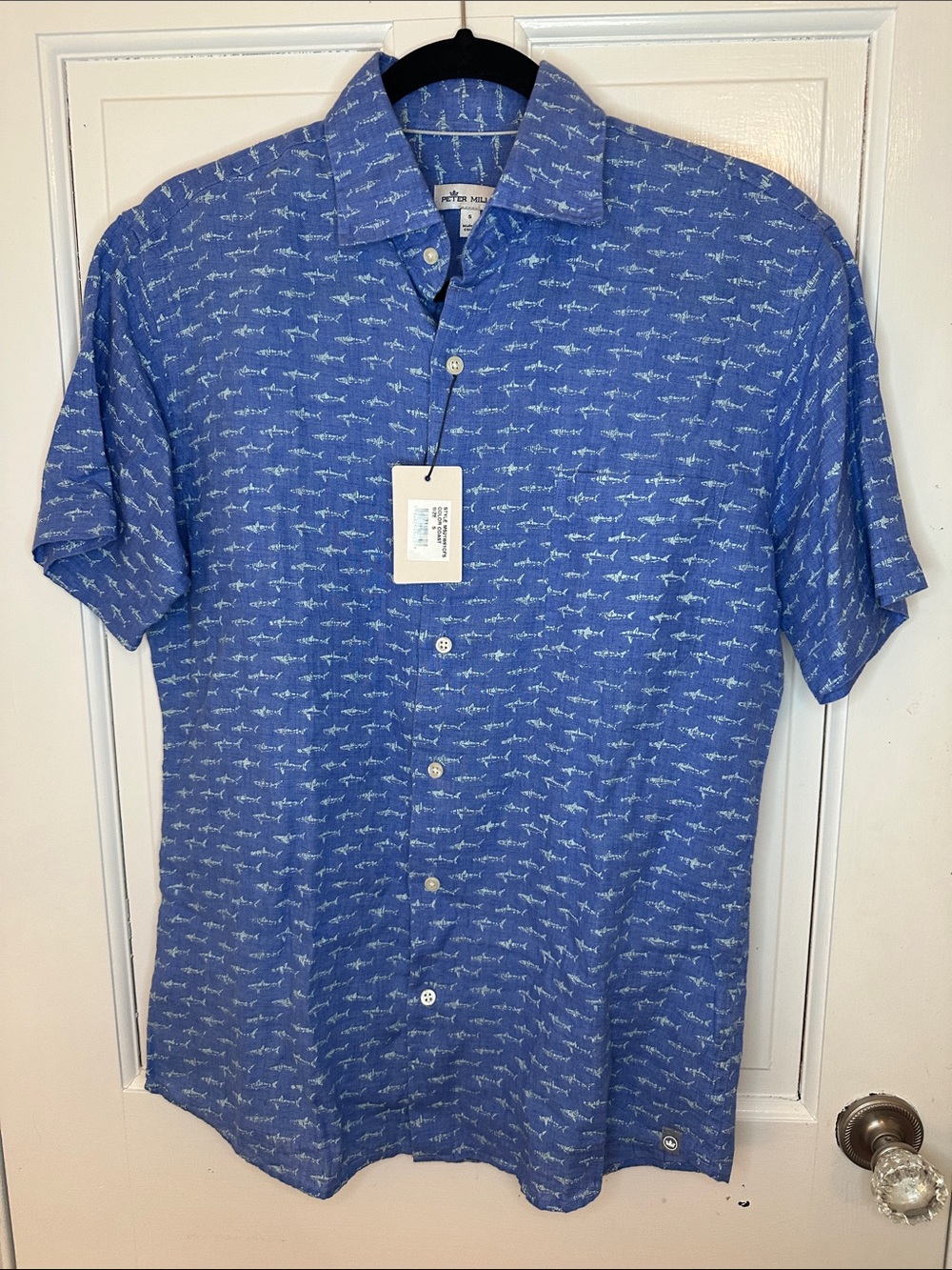 Peter Millar Blue Short-Sleeve Shark Print Linen Button-Down Shirt size S NWT